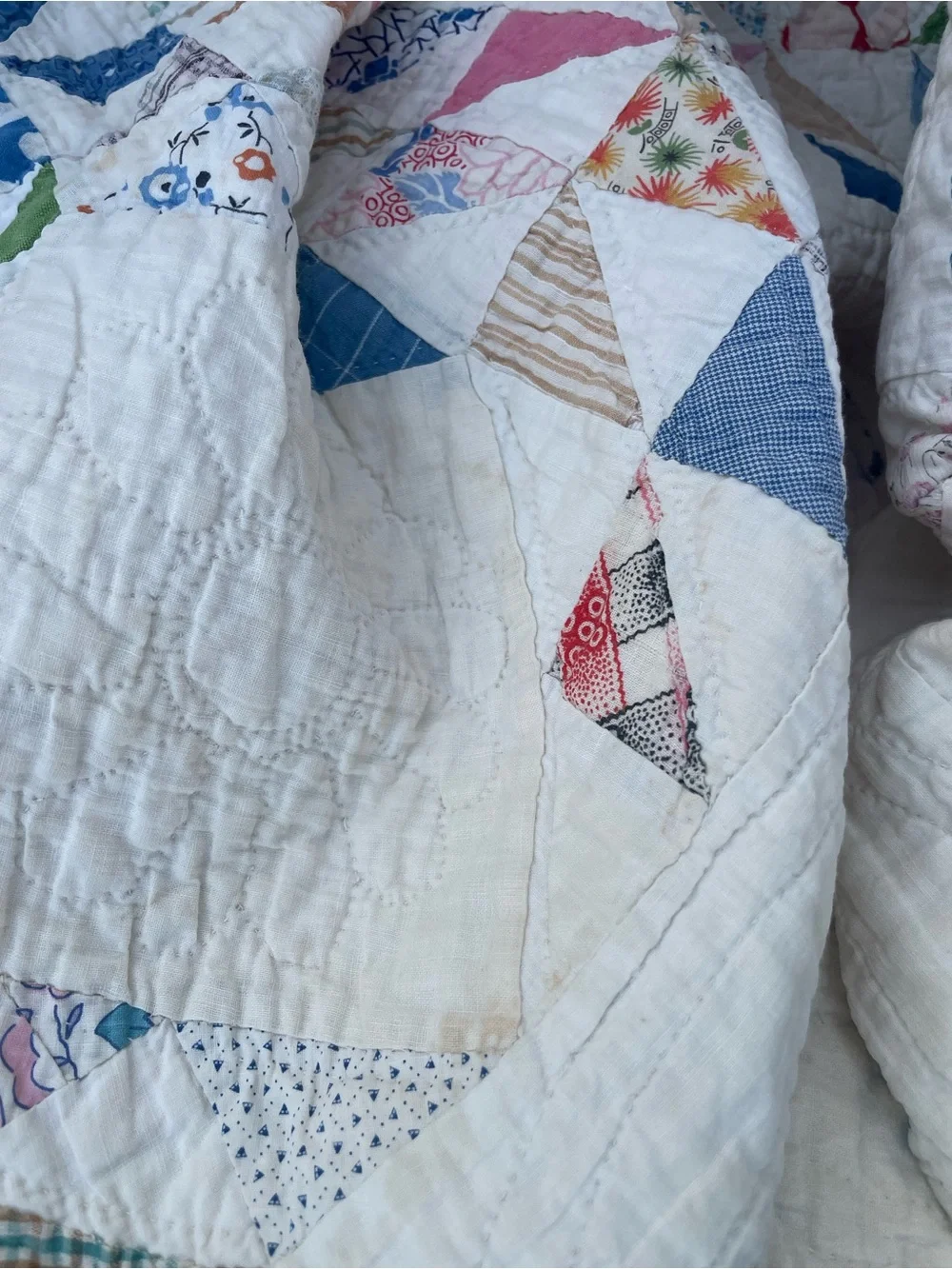 Vintage Feedsack Ocean Wave Quilt Hand Quilted 82x70 Cottage Farmhouse